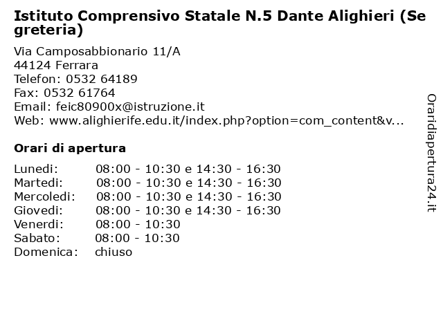 Orari di apertura Istituto Comprensivo Statale N.5 Dante